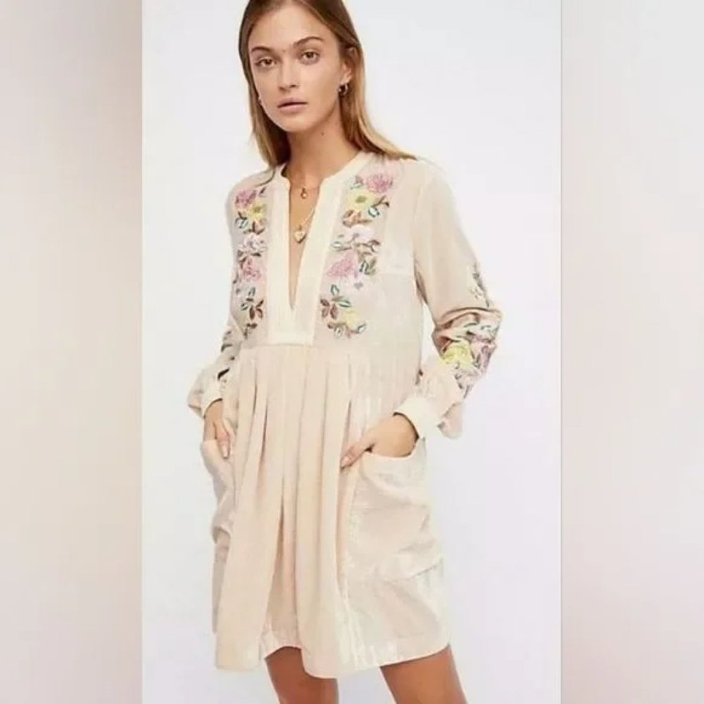 Free People Embroidered Gauze Mia Velvet Mini Dress Size S Pale pink